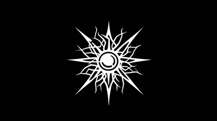 Intricate white sun emblem on a black background, featuring detailed rays and stylized circular center. Ideal for designs and branding.