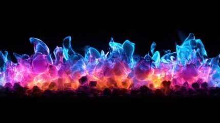 Fototapeta premium Vibrant blue, purple, and orange flames burning over dark embers on a black background.