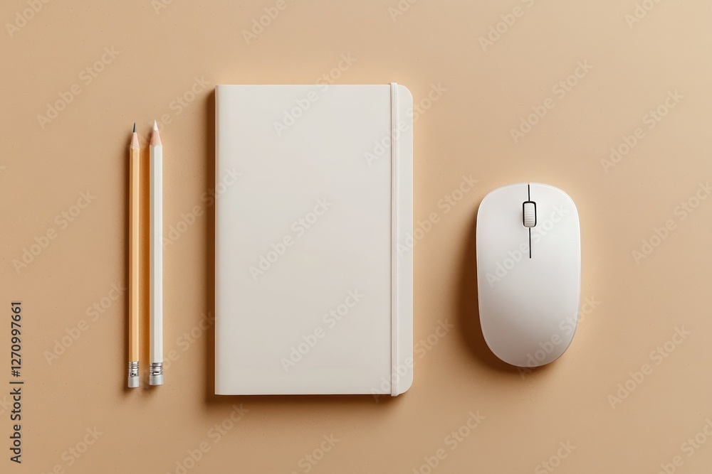 Poster top view of a notebook, pencils, and computer mouse on a beige background.