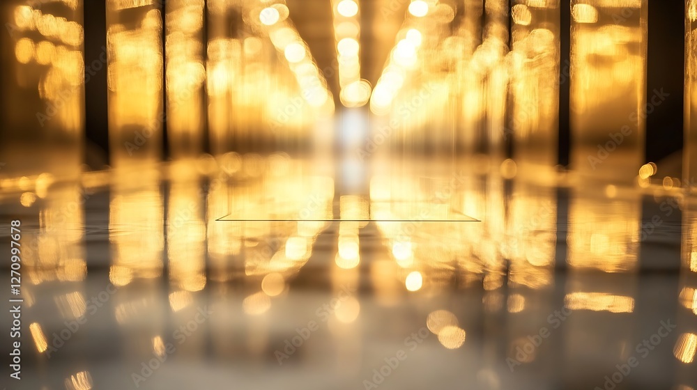 Aufkleber stunning view of bright golden reflections on polished floor in a modern corridor : generative ai