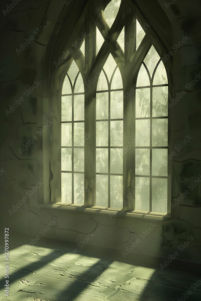 Aufkleber sunlight streaming through gothic windows in an abandoned room, creating a serene atmosphere