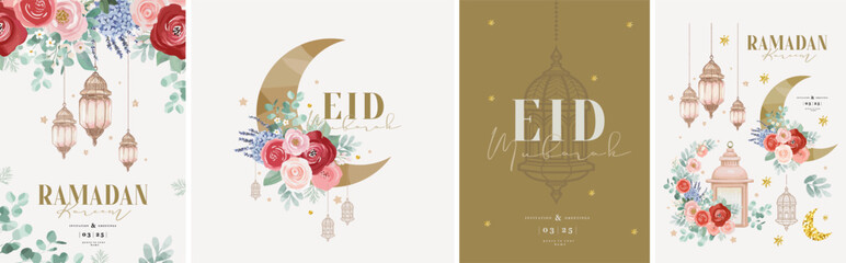 Ramadan kareem. Eid mubarak. Vector floral elegant watercolor illustration of crescent moon made of flowers, oriental lantern, hanging lamps for greeting card, invitation, postcard or poster  © Ardea-studio