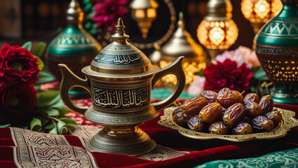 Plate with dried dates and prayer beads for Ramadan on mat, closeup
