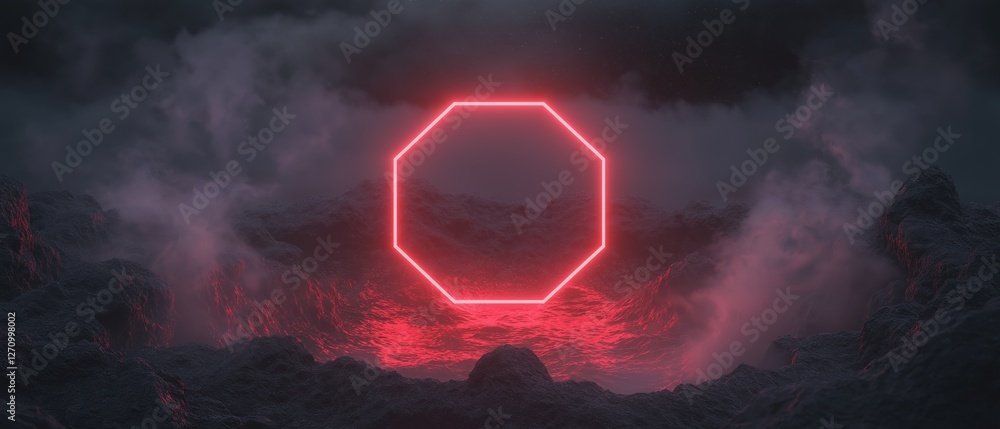 Poster digital illustration of a dark and ominous scene. in the center of the image, there is a bright red 