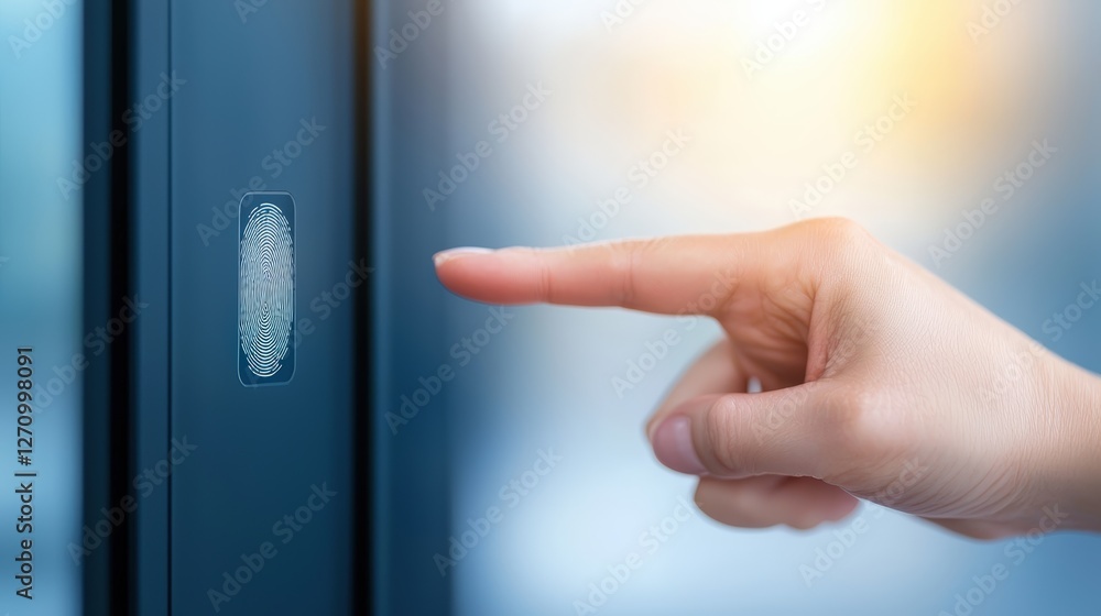 Poster a close-up of a finger touching a fingerprint scanner, emphasizing biometric security technology and