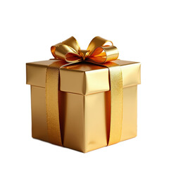 A beautifully wrapped golden gift box with a large, elegant bow made of shiny gold ribbon. The box is presented against a transparent background, giving it a clean and professional appearance.