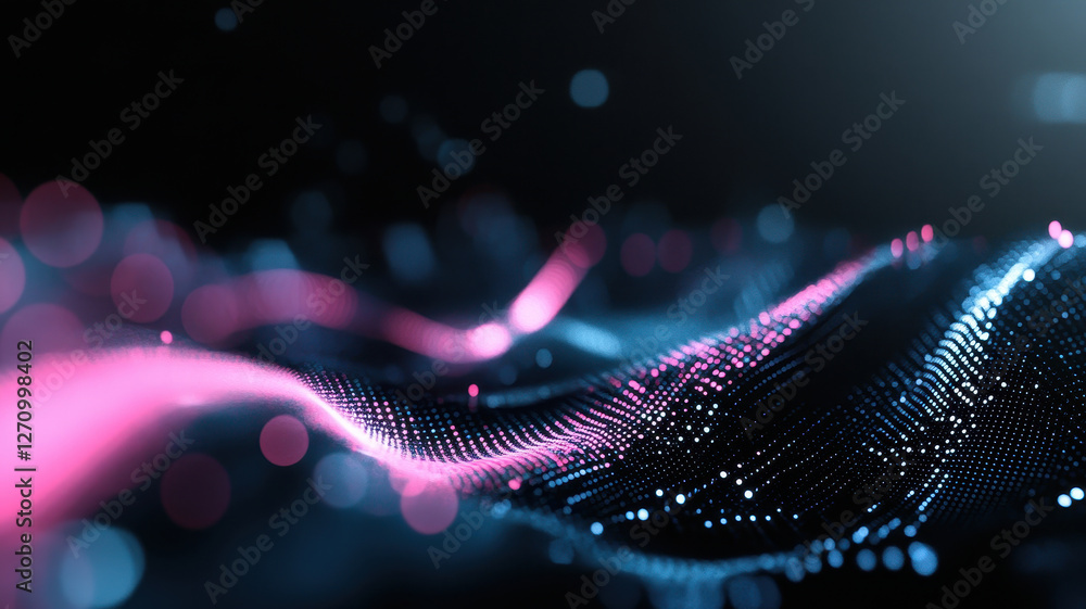Poster abstract digital wave pattern with vibrant pink and blue colors, creating mesmerizing visual effect 