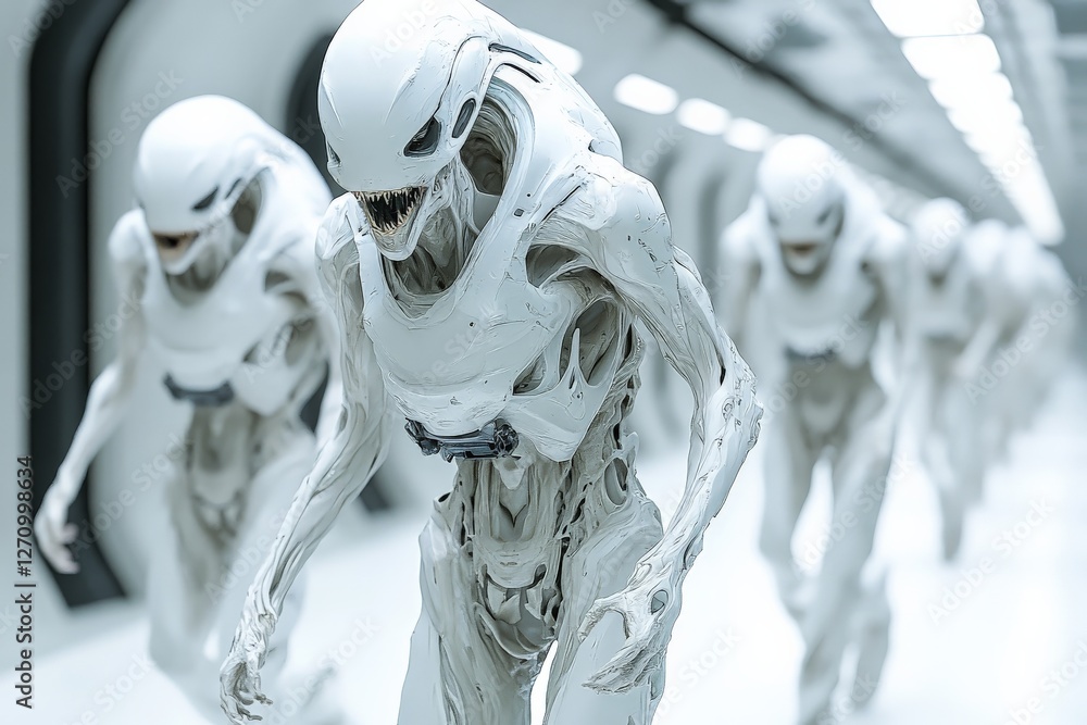 Poster futuristic androids marching in a sterile, high-tech corridor within a spaceship