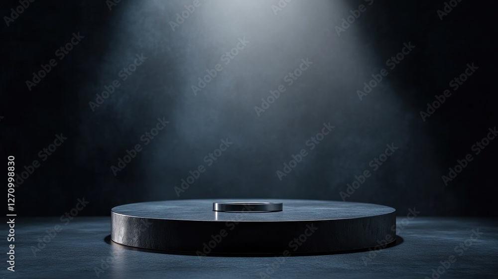 Poster dark studio scene with illuminated circular platform and small metallic rectangle.