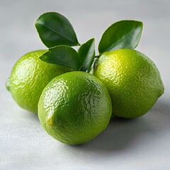Fresh green limes with vibrant leaves arranged on a light background. Perfect for culinary and beverage use. Bright and refreshing imagery.