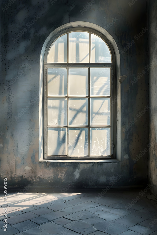 Poster sunlight streaming through an arched window in a weathered room, casting shadows on the floor