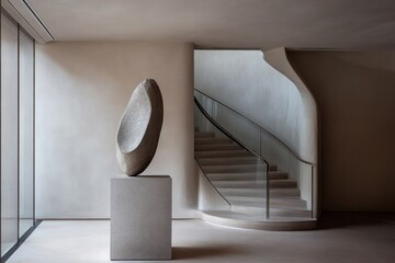 Modern minimalist interior design featuring a contemporary sculpture and a curved staircase.