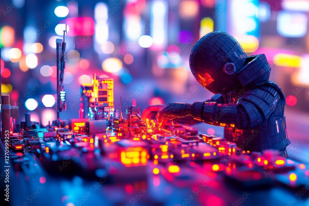 Poster robot engineer conducting intricate work on a vibrant electronic circuit board in a colorful urban s