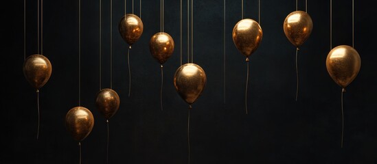 Golden balloons float against dark background.