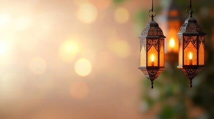 Ornate lanterns glowing softly against a blurred, warm background