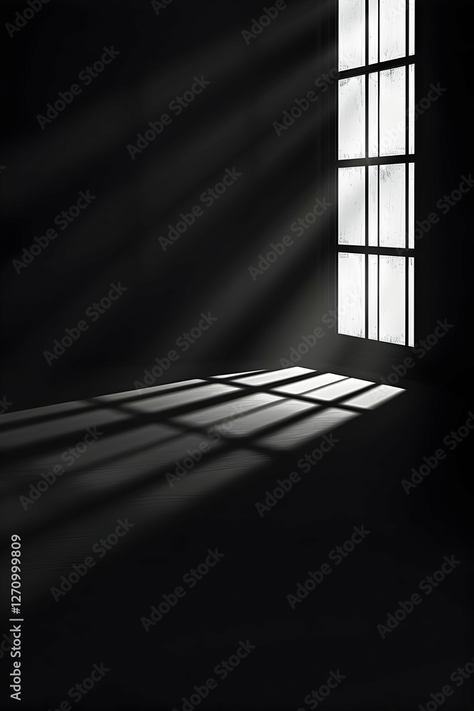 Poster sunlight streaming through a window, casting shadows on the floor in a dark room