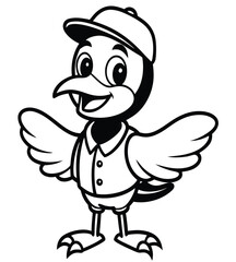 Cute Cartoon Bird Baseball Mascot Vector Illustration in Black and White