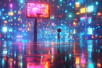 Lonely figure stands beneath a neon-lit basketball hoop in a vibrant, rain-soaked urban landscape at night