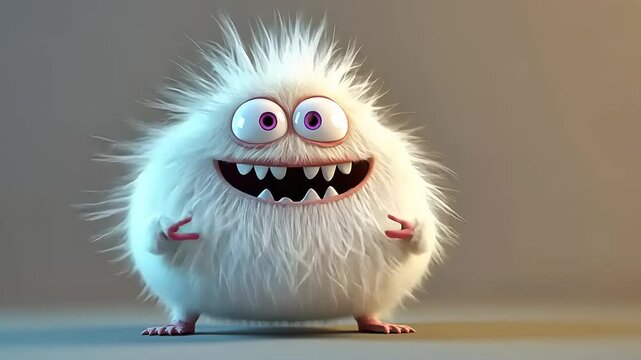 Cute fluffy creature with big eyes and sharp teeth standing playfully against a softly lit background