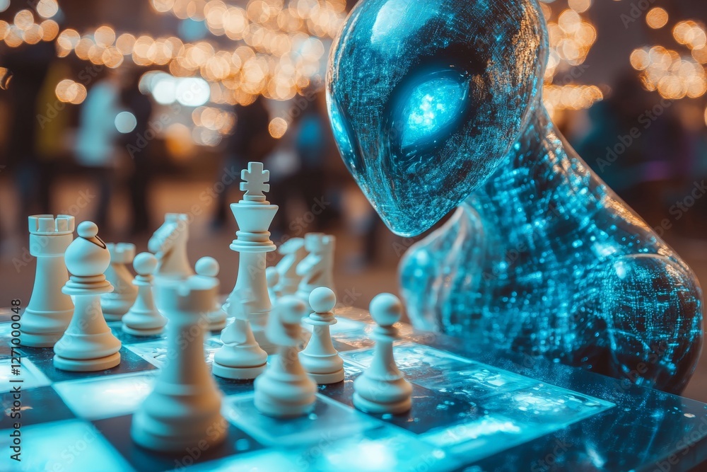 Poster futuristic chess match between a glowing alien figure and an illuminated chessboard in a vibrant set