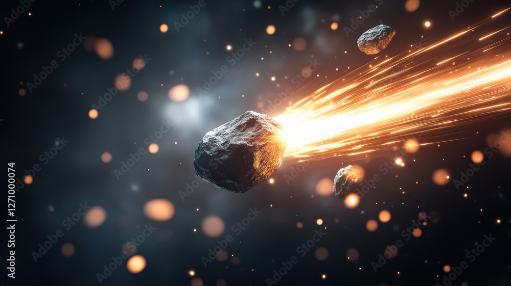 Poster glowing asteroids streak through space, leaving bright trails of light, creating mesmerizing cosmic 