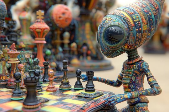 Alien character engaged in an intense chess match in a vibrant, artistic setting during the day