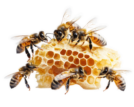 Busy bees swarm around honeycomb, showcasing their industrious nature and teamwork in creating honey. scene captures essence of nature harmony and productivity