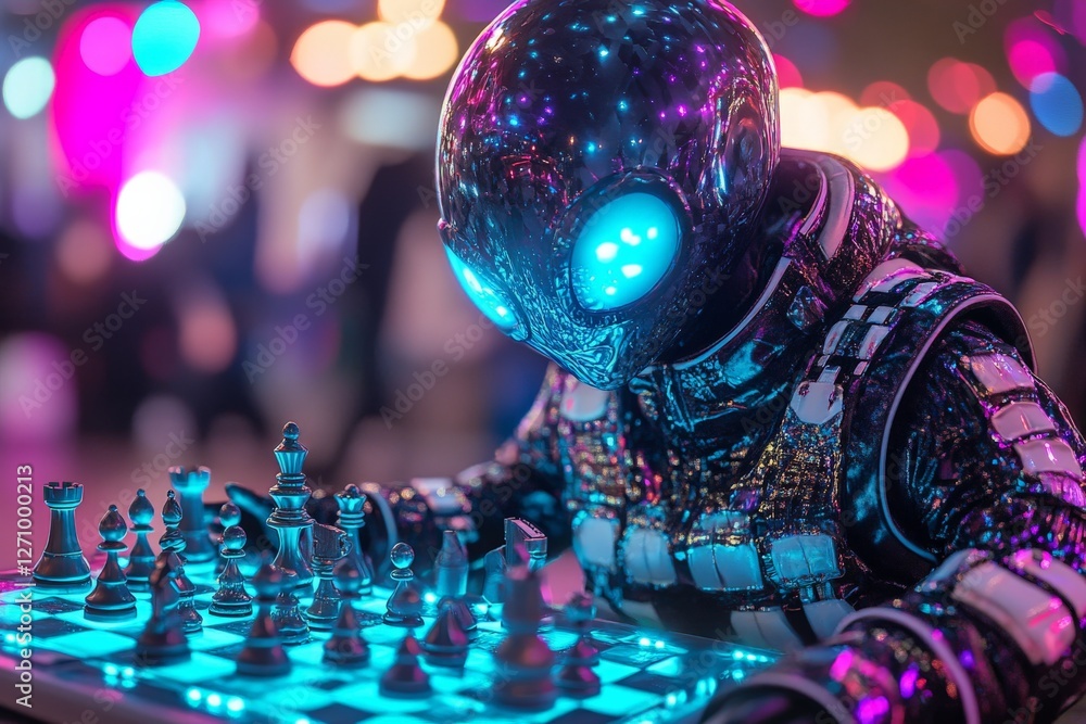 Poster robot playing chess in a vibrant, futuristic setting with neon lights illuminating the atmosphere