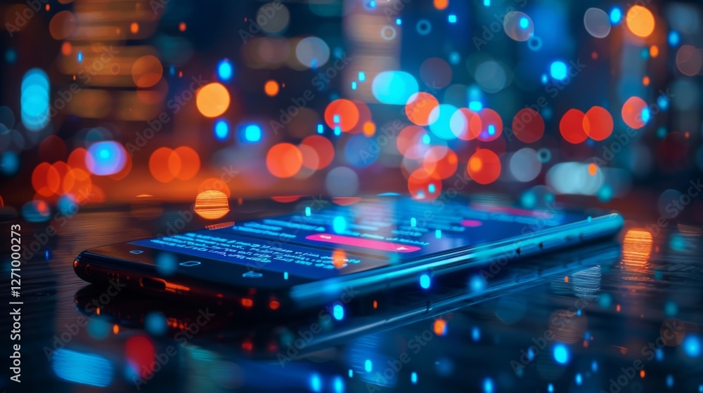 Leinwandbilder A smartphone rests on a dark wooden surface, brightly lit by glowing notifications, while colorful city lights create a bokeh effect in the background during nighttime.