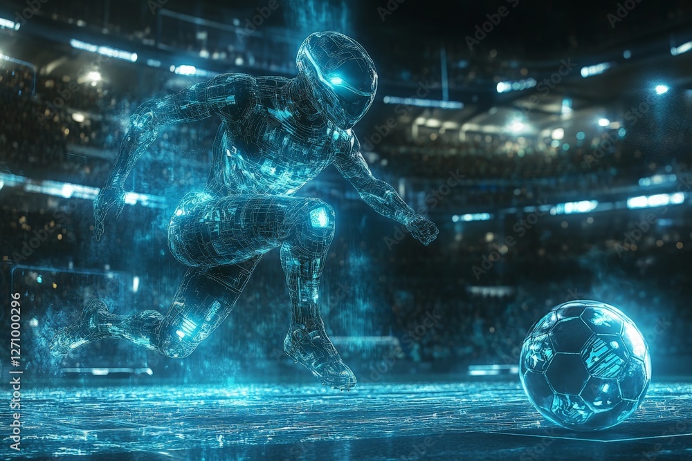 Poster futuristic soccer player performing a dynamic kick in a high-tech stadium filled with bright lights