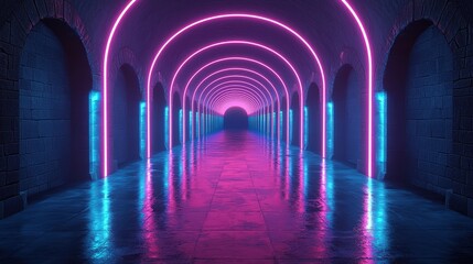 Obraz premium Mesmerizing neon light tunnel creating a stunning and futuristic atmosphere for adventurous travel