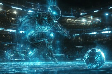 Futuristic soccer player performing a dynamic kick in a high-tech stadium filled with bright lights