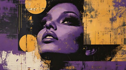 A striking abstract portrait featuring a woman's face in purple tones, complemented by vivid orange circles for an artistic effect.