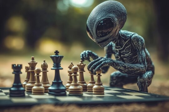 Alien playing chess in a serene outdoor setting surrounded by trees and nature during the golden hour