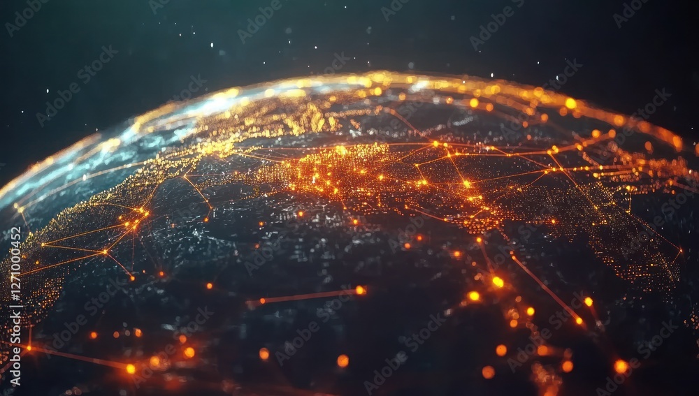 Poster global network connections visualized on a digital earth model, showing bright lines and nodes.