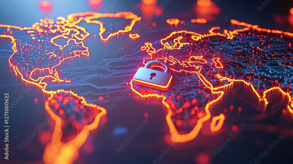 Poster a digital world map with glowing lines and a lock symbol, representing cybersecurity and global data