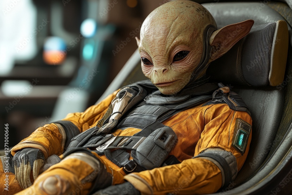 Poster alien character resting in a futuristic chair inside a spacecraft during an intergalactic journey