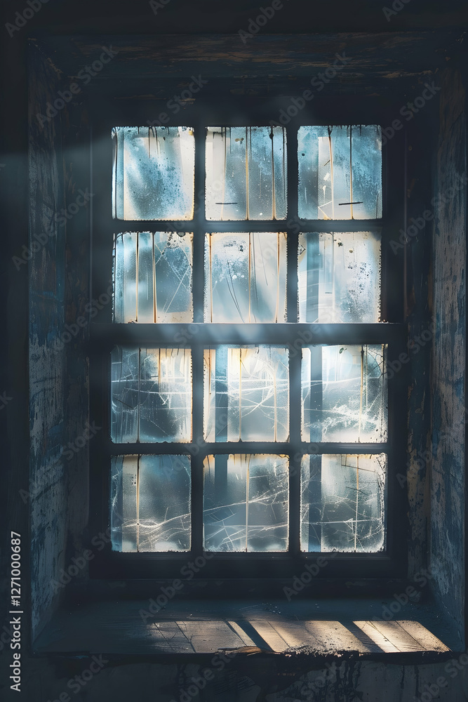 Aufkleber frosted window pane revealing a misty landscape outside with soft light filtering through