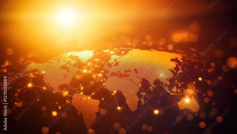 Aufkleber global network connection, world map with glowing lines and nodes.