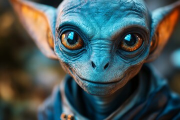 Colorful alien creature with large eyes smiles softly in a whimsical forest setting during twilight
