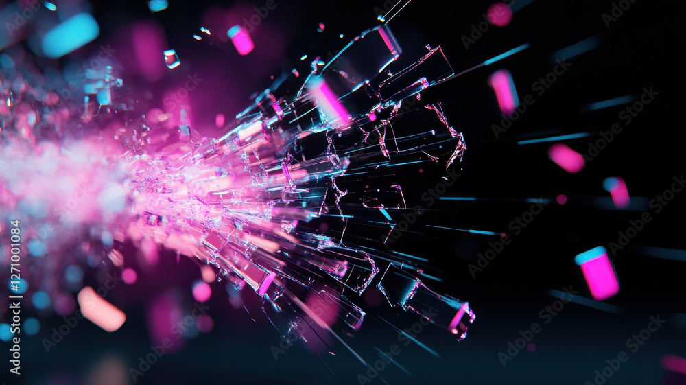 Poster futuristic digital explosion with vibrant pink and blue particles creating dynamic visual effect