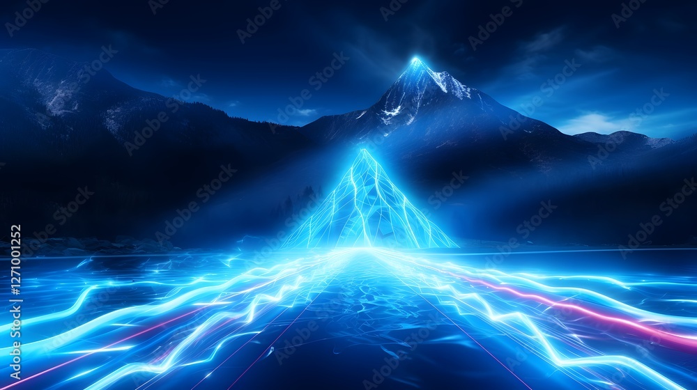Poster high tech superconducting power transmission line glowing with efficient energy flow symbolizing fut