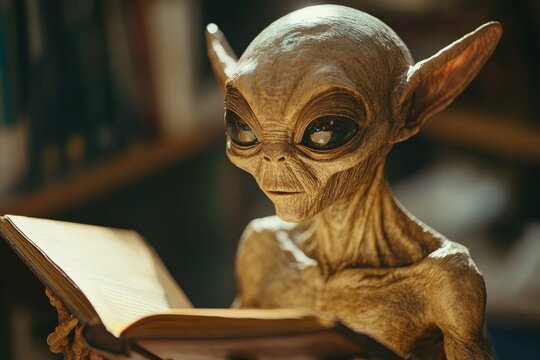 Curious alien studies an ancient book in a dimly lit library filled with knowledge and mysteries
