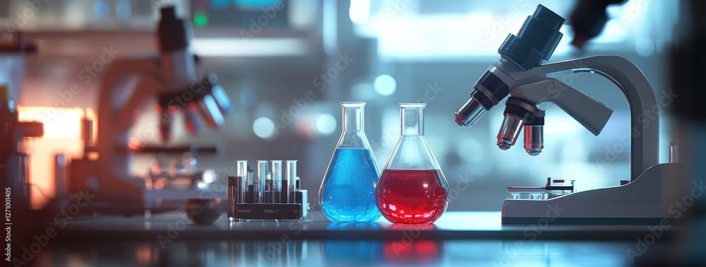 Poster lab glassware with colored liquids and microscopes in a science laboratory.
