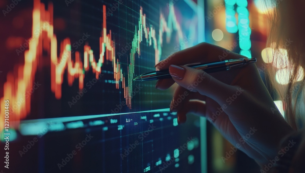 Poster close-up of a hand analyzing a stock market graph on a computer screen at night.