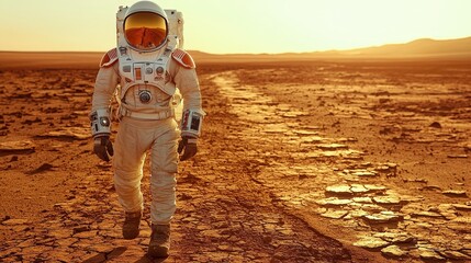 Astronaut in space suit walking across expansive desert landscape under clear blue sky