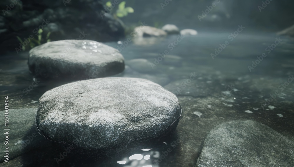 Poster two smooth, grey stones partially submerged in a shallow, clear stream. sunlight filters through the
