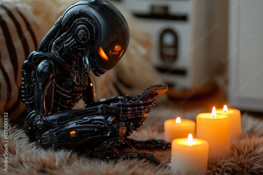 Poster robot interacts with smartphone while surrounded by candles in a cozy indoor setting at night