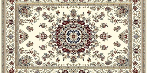 A carpet with an intricate design in red, beige, and blue colors, featuring floral motifs surrounded by decorative borders.