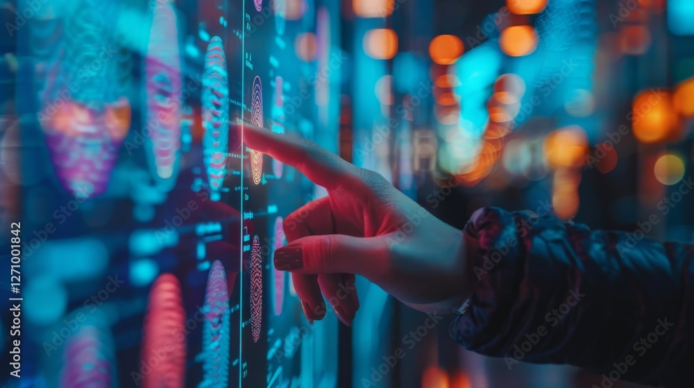 Fototapete A person interacts with a glowing digital display in an urban environment, showcasing colorful visuals and advanced technology against a backdrop of ambient city lights at night.